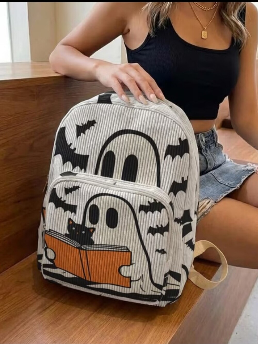Ghost & Bat  Backpack in Cream and Black